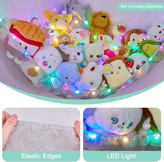 Unicorn Castle Stuffed Animals Net or Hammock Kids Toy Storage Organizer with LED Light Hanging Corner Stuffed Animals Holder Kids Girls Room Decor (Pack of 1)