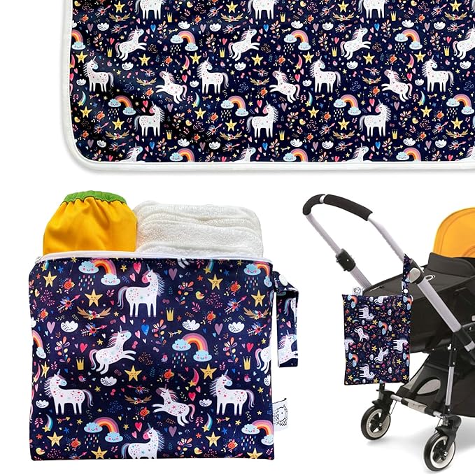 Flockthree Waterproof Baby Diaper Changing Pad with Storage Bag (28.7" X 19.7") Washable Wipeable Reusable Leak Proof Diaper Travel Mat Station Changing Mattress Liner Cribs Bed Cover, Unicorns