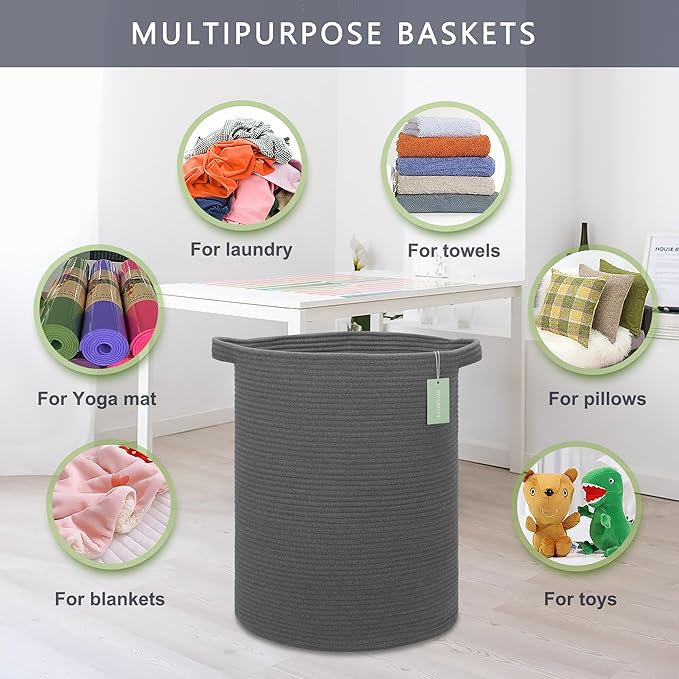 Large Cotton Rope Laundry Hamper 72L, Tall Baby Nursery Hamper, Woven Storage Basket for Living Room Bedroom, Laundry Basket for Storage Toys Clothes Towels, 16”x 22”, Dark Gray