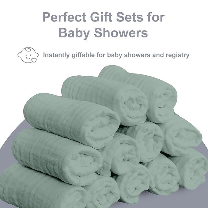 SWEET DOLPHIN 12 Pack Baby Muslin Washcloths - Soft Face Cloths for Newborn, Absorbent Bath Wash Cloths, Wipes, Burp Rag - Toddlers Essentials Stuff, Baby Registry as Shower -10"x10", Green