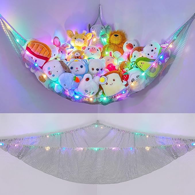 Unicorn Castle Stuffed Animals Net or Hammock Kids Toy Storage Organizer with LED Light Hanging Corner Stuffed Animals Holder Kids Girls Room Decor (Pack of 1)