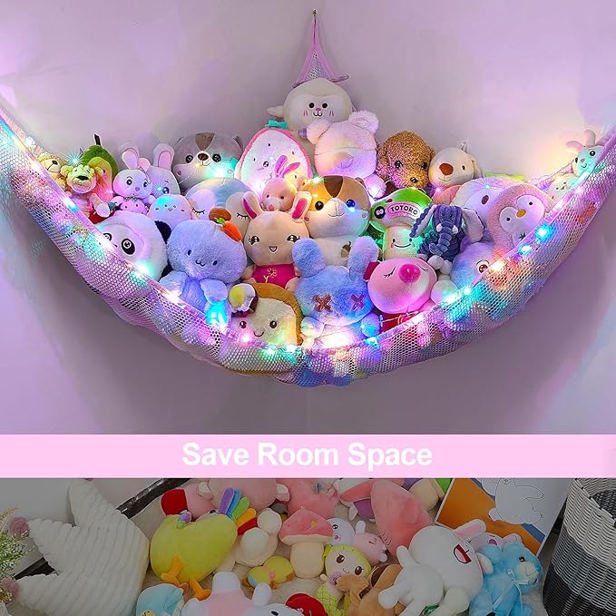 Unicorn Castle Stuffed Animals Net or Hammock Kids Toy Storage Organizer with LED Light Hanging Corner Stuffed Animals Holder Kids Girls Room Decor (Pack of 1)