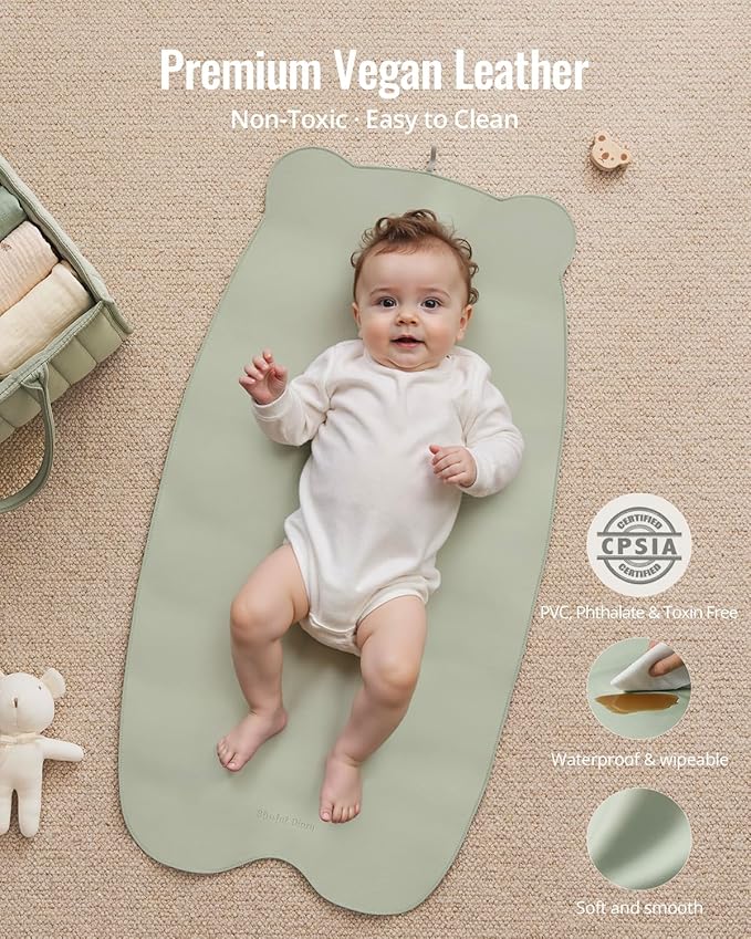 Blissful Diary Vegan Leather Portable Changing Pad, Wipeable & Waterproof Baby Change Mat in Diaper Bag, Travel Essential & Registry Gift, Light Green
