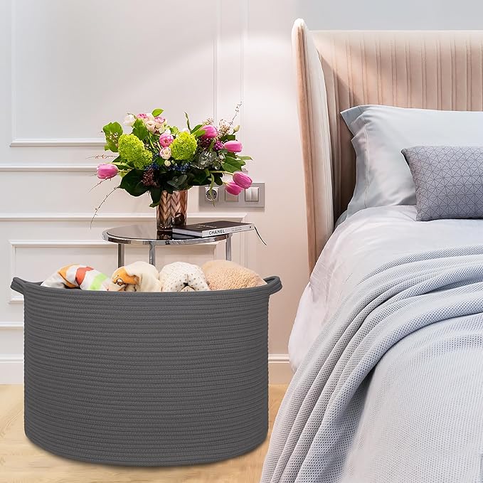 Extra Large Blanket Basket 87L, Laundry Hamper, Baby Nursery Hamper for Storage Toys Clothes Towels, Large Cotton Rope Laundry Basket for Girls Boys, 22”x 14”, Dark Gray