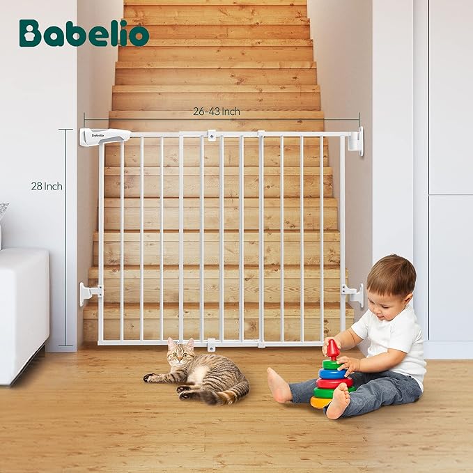Babelio Baby Gate for Stairs, Kitchen & Doorways, 26-41" W 28" H No Bottom Bar| Easy Installation| One-Handed Operation| Auto-Close| Hardware Mount Safety Dog/Pet Gate Indoor (White)