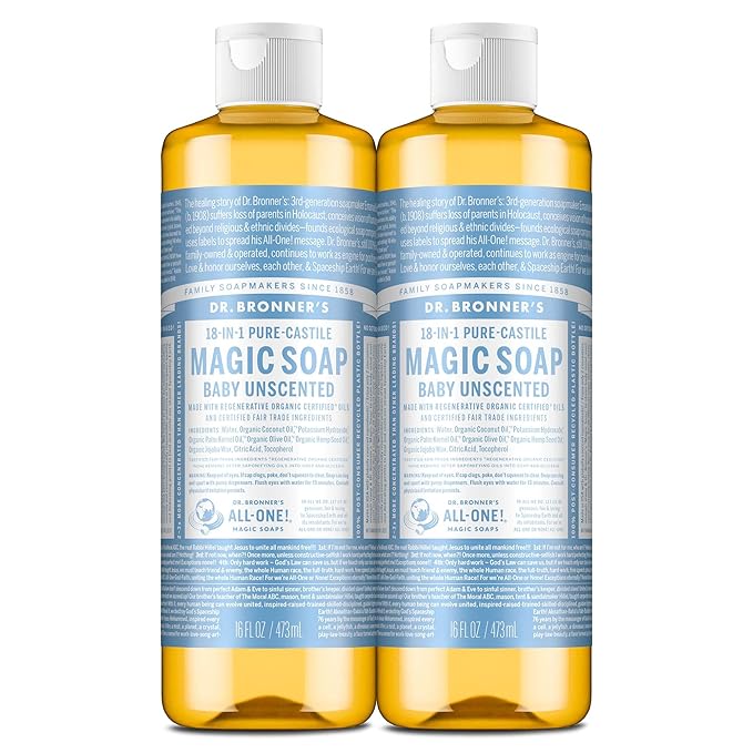 Dr. Bronner's Pure-Castile Magic Liquid Soap (Baby Unscented, 16 Ounce, 2-Pack)- Made with Regenerative Organic Certified Oils, For Face, Hair, Hand & Body Soap, Laundry, Pets- Concentrated, Vegan