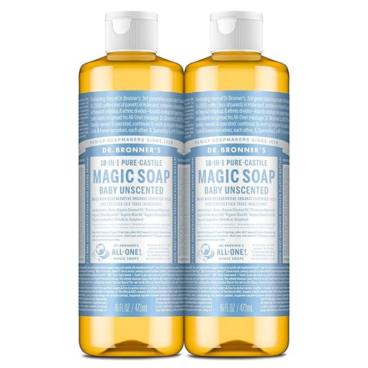 Dr. Bronner's Pure-Castile Magic Liquid Soap (Baby Unscented, 16 Ounce, 2-Pack)- Made with Regenerative Organic Certified Oils, For Face, Hair, Hand & Body Soap, Laundry, Pets- Concentrated, Vegan