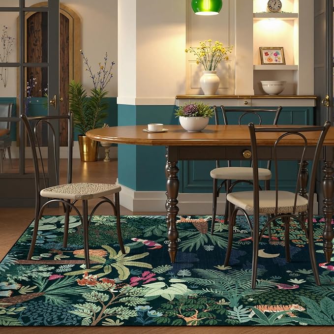 LIVEBOX Washable Jungle Dark Green Rug 5x7 for Living Room, Non-Slip Kids Bedroom Aesthetic Rug for Boy Play Room, Soft Stain Resistant Botanical Rugs for Nursery Dining Decor