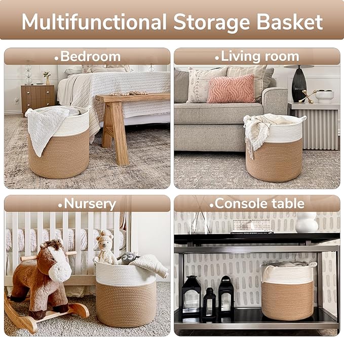 Goodpick Cotton Rope Storage Basket, 15 x 14.2 Inches Jute Woven Basket for Blankets Clothes Organizing, Baby Laundry Baskets Toy Storage With Handle, White Jute