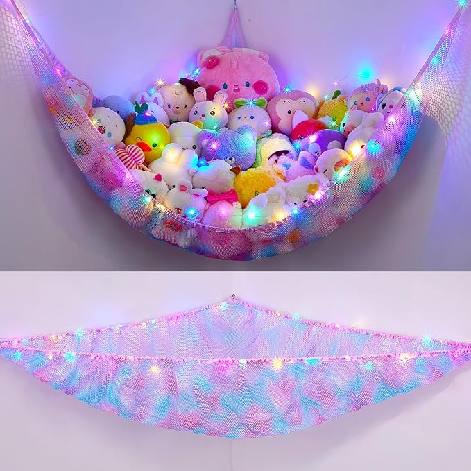 Unicorn Castle Stuffed Animals Net or Hammock Kids Toy Storage Organizer with LED Light Hanging Corner Stuffed Animals Holder Kids Girls Room Decor (Pack of 1)