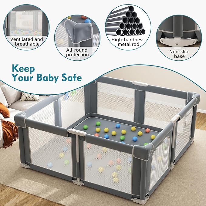 Foldable Playpen for Babies and Toddlers, 51" Portable Play Pen with Mat and Ocean Balls, Play Yard with with Visible Mesh for Inddor and Outdoor, No Assembly Required, Dark Gray