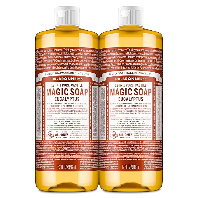 Dr. Bronner's Magic Soap - Pure-Castile Liquid Soap (Eucalyptus, 32 ounce, 2-Pack) -Regenerative Organic Certified Oils, 18-in-1 Uses: Body, Hair, Laundry, Pets & Dishes, Concentrated, Vegan, Non-GMO