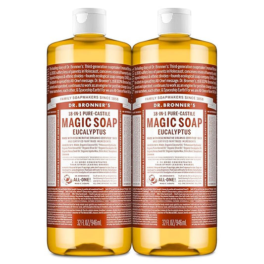 Dr. Bronner's Magic Soap - Pure-Castile Liquid Soap (Eucalyptus, 32 ounce, 2-Pack) -Regenerative Organic Certified Oils, 18-in-1 Uses: Body, Hair, Laundry, Pets & Dishes, Concentrated, Vegan, Non-GMO