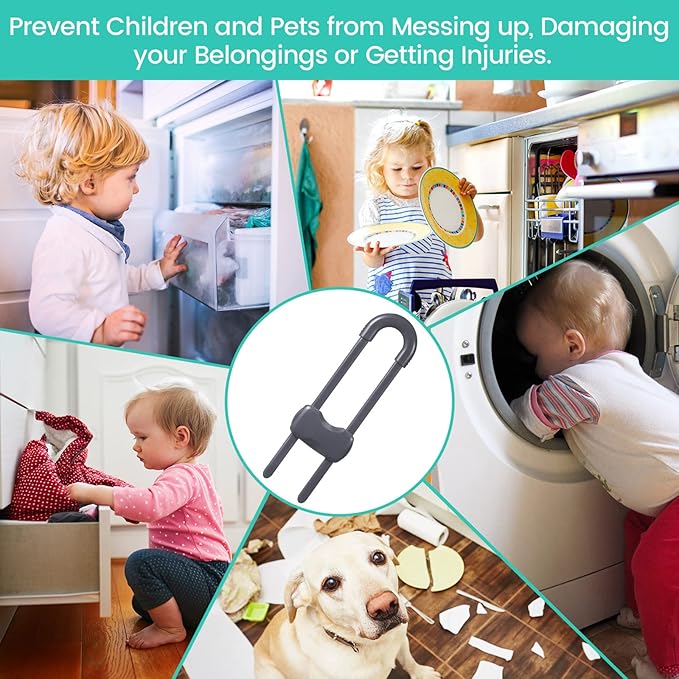 Jetec 10 Pieces Cabinet Locks for Babies, U-Shaped Proofing Drawers Safety Child Locks Adjustable, Easy to Use Childproof Latch for Knob Handle on Kitchen Door Storage Cupboard Closet (Gray)