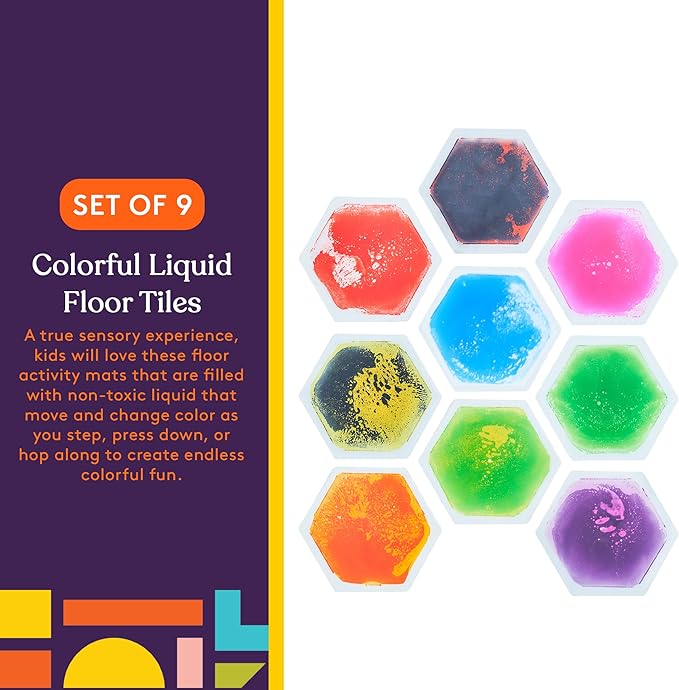Special Supplies Hexagon Floor Liquid Tiles for Kids, Set of 9, Colorful Early Learning Activity Mats for Toddlers and Children, Anti-Slip Backing for Active Play, Dance, and Games