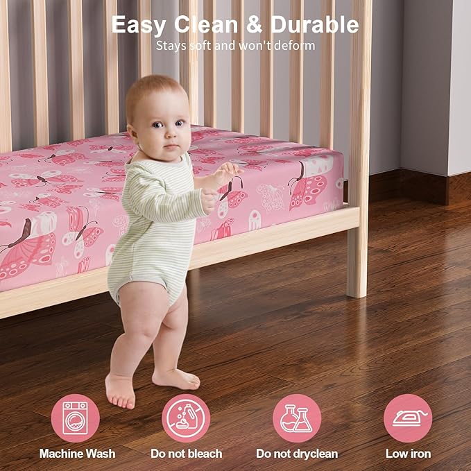 Baby Crib Sheets 2 Pack for Boys and Girls Fit for Standard Crib Toddler Mattress Breathable Soft Microfiber Baby Sheet 28x52x8in(Daisy & Black Butterfly)