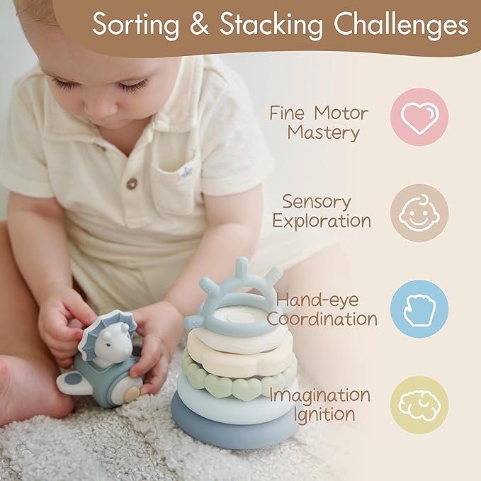 Moonkie Dinosaur Baby Stacking Toys | 7-Piece Silicone Rings for Teething Relief | Educational Toy for Infants & Toddlers 6 Months+ | Baby Boy Essentials