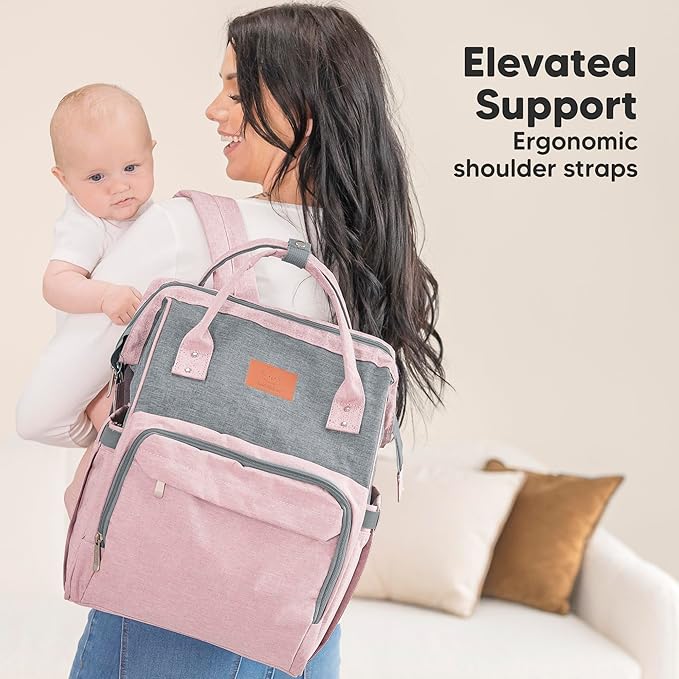 KeaBabies Baby Diaper Bag Backpack - Large Baby Bag for Boys, Girls, Waterproof Multi Function Travel Diaper Backpack with Changing Pad, Durable Travel Essentials for Moms and Dads (Pink Gray)