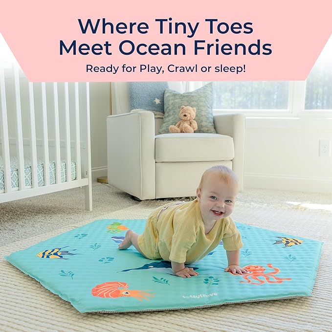 Self Inflating Hexagon Playpen Mat - 52" x 45" Non-Slip Cushioned Portable Play Area - Thick Soft Baby Play Mats for Floor - Easy Care Playmat for Infants and Toddlers - Baby Crawling Mat - Marina