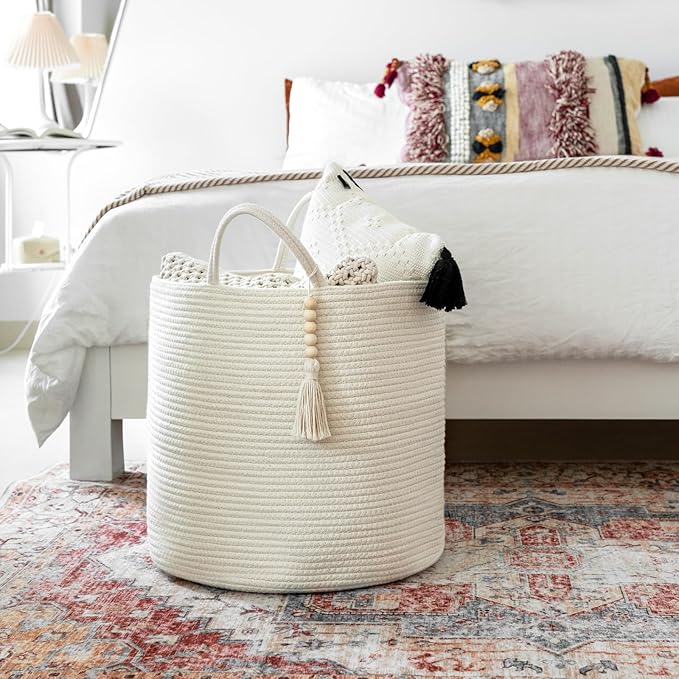 Mkono Tall Laundry Basket Woven Decorative Rope Storage Basket Wooden Bead Decoration for Blankets Toys Clothes Shoes Organizer Bin with Handles Living Room Home Decor, 15" W x 17.7" L, White