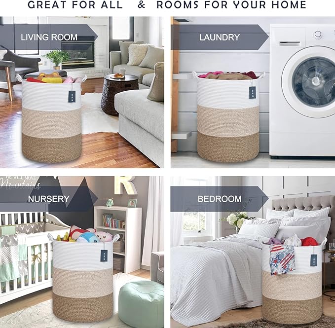 COMSE Extra Large Blanket Basket, Tall Woven Storage Basket, Nursery Hamper, 15.7”x 21.7”, Cotton Rope Laundry Hamper for Toys Clothes Towels, White/Gradient Brown