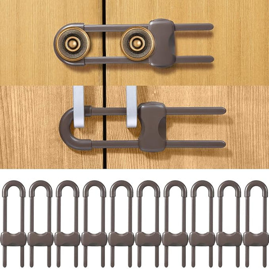 Jetec 10 Pieces Cabinet Locks for Babies, U-Shaped Proofing Drawers Safety Child Locks Adjustable, Easy to Use Childproof Latch for Knob Handle on Kitchen Door Storage Cupboard Closet (Brown)
