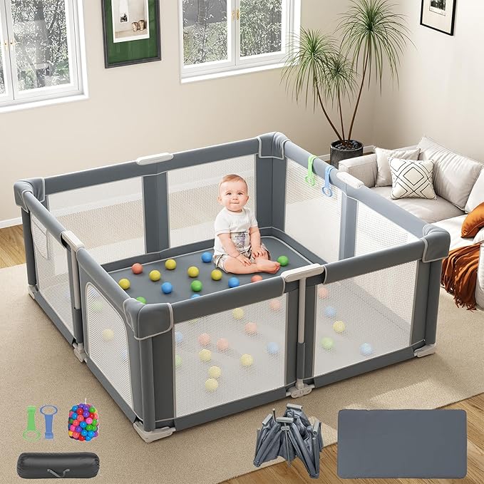 Foldable Playpen for Babies and Toddlers, 51" Portable Play Pen with Mat and Ocean Balls, Play Yard with with Visible Mesh for Inddor and Outdoor, No Assembly Required, Dark Gray