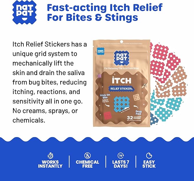 NATPAT Magic Patch Itch Relief Stickers - Insect Bite Patch for Mosquitos, Ticks, Midges, Sandflies, and Bed Bug Bites - Buzzpatch - 32 Count