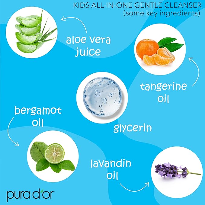 PURA D'OR 16 Oz Kids Wash - All-in-One Gentle Cleanser - USDA Biobased, Sulfate-Free, Tear-Less, Hypoallergenic, Premium, Shampoo & Bubble Bath