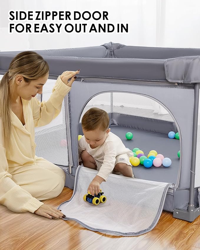 Foldable Baby Playpen with Non-Removable Thick Mat, Extra Large Collapsible Play Yard for Babies & Toddlers, Portable Travel Playpen with Gate, Safe Activity Center (51"×51" Gray)