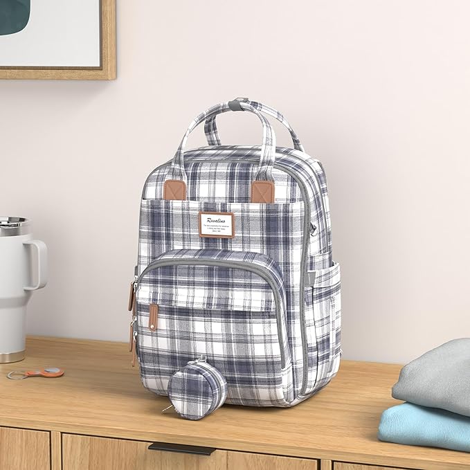 RUVALINO Diaper Bag Backpack, Multifunction Travel Pack Maternity Baby Changing Bags, Large Capacity, Waterproof, Blue Plaid