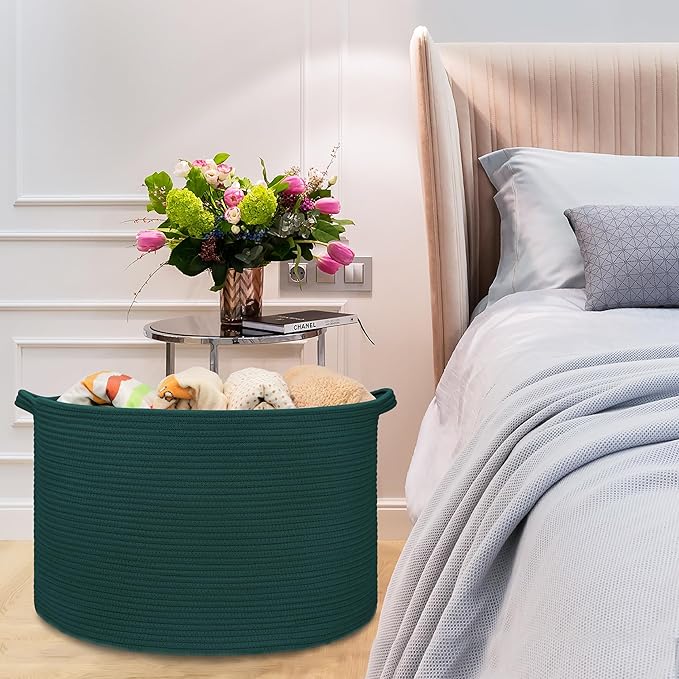 Extra Large Blanket Basket 87L, Laundry Hamper, Baby Nursery Hamper for Storage Toys Clothes Towels, Large Cotton Rope Laundry Basket for Girls Boys, 22”x 14”, Dark Green