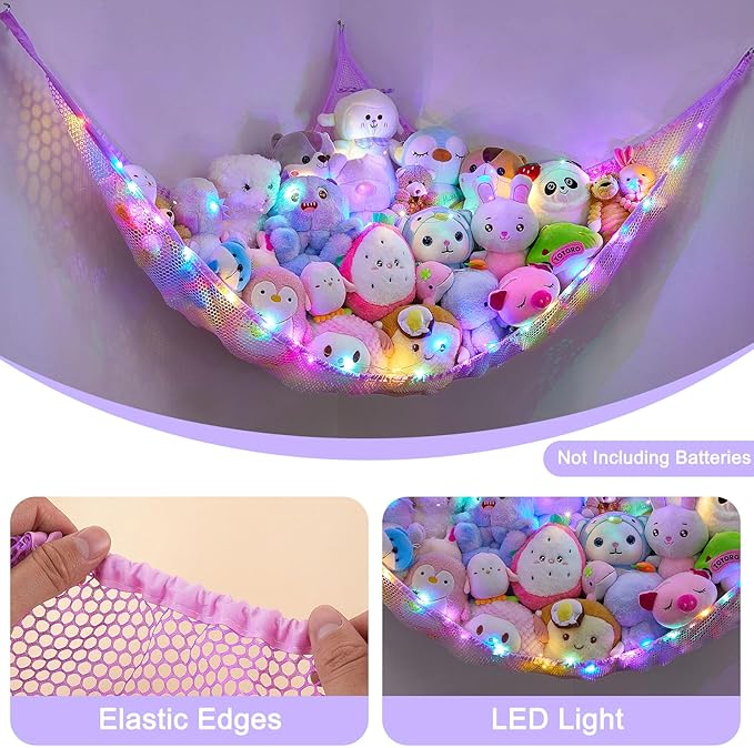 Unicorn Castle Stuffed Animals Net or Hammock Kids Toy Storage Organizer with LED Light Hanging Corner Stuffed Animals Holder Kids Girls Room Decor (Pack of 1)
