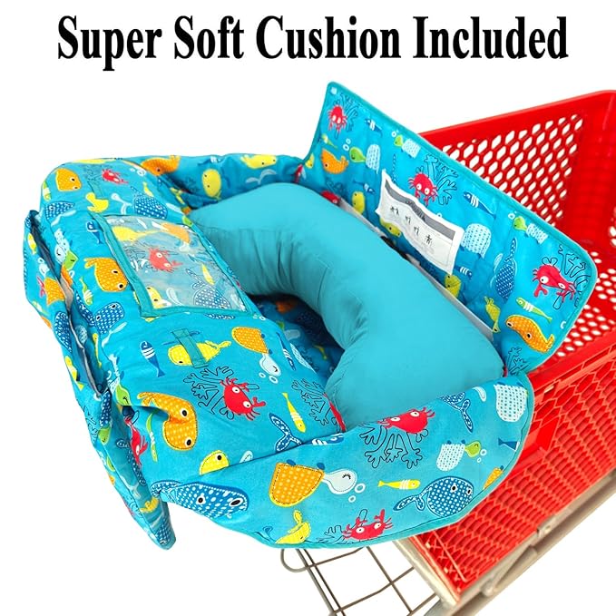 Soft Pillow Attached 2-in-1 Shopping Cart and High Chair Cover for Baby~Padded~Fold'n Roll Style~Portable with Free Carry Bag (Blue Seaworld)