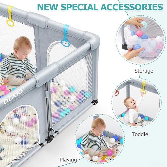 OCATO Baby Playpen with Mat: Foldable Playpen for Babies and Toddlers Play Pen Portable Playpens Fence Indoor Outdoor Kids Safety Area Play Yard with 50x50 Playpens Mat 4 Handlers 50 Balls (50" × 50")