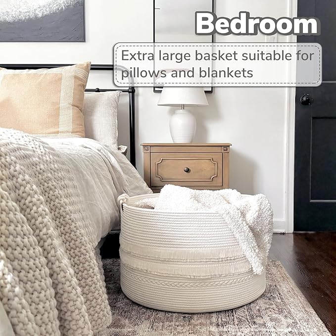 CherryNow 22"x22"x14" Large Blanket Basket, Home Décor for Living Room Bedroom, Boho Decorative Laundry Basket for Clothes, Baby Toy Storage, White
