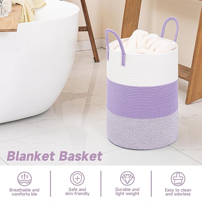 CLHMILY&Z 40L Laundry Basket Round Storage Rope Basket - 13x18 Inches - Lavender Hamper in Bedreoom and Cute Storage Bin for Blankets, Toys, and Nursery Essentials