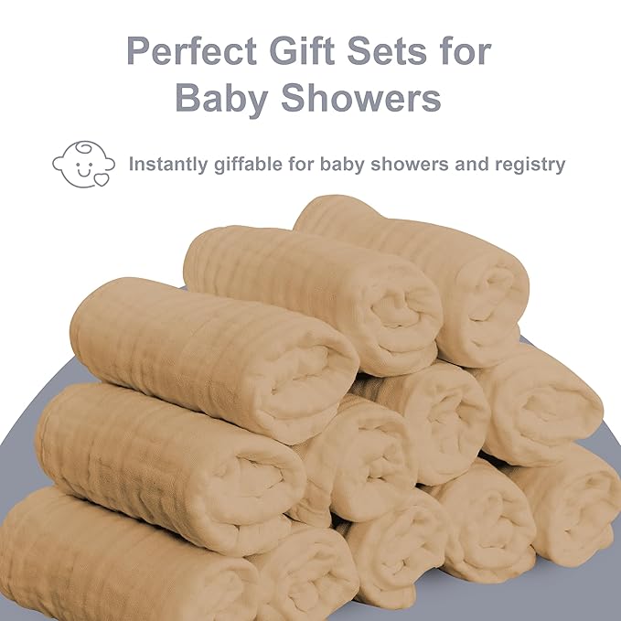 SWEET DOLPHIN 12 Pack Baby Muslin Washcloths - Soft Face Cloths for Newborn, Absorbent Bath Wash Cloths, Wipes, Burp Rag - Toddlers Essentials Stuff, Baby Registry as Shower -10"x10", Brown