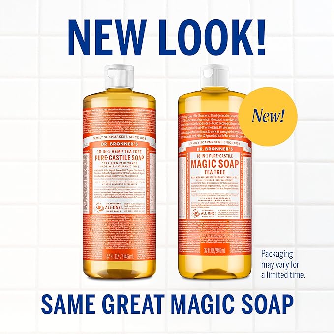 Dr. Bronner's Pure-Castile Magic Soap Liquid- Made with Regenerative Organic Certified Oils- For Body, Face, Hair, Dishes, Laundry, Vegan Bath Soaps for Men & Women, Non-GMO- Tea Tree, 32oz + Refill