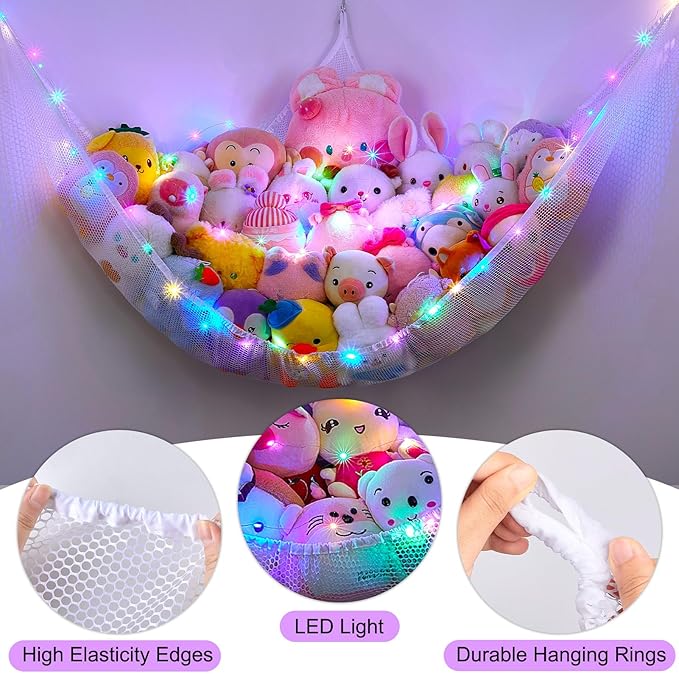 Unicorn Castle Stuffed Animals Net or Hammock Kids Toy Storage Organizer with LED Light Hanging Corner Stuffed Animals Holder Kids Girls Room Decor (Pack of 1)