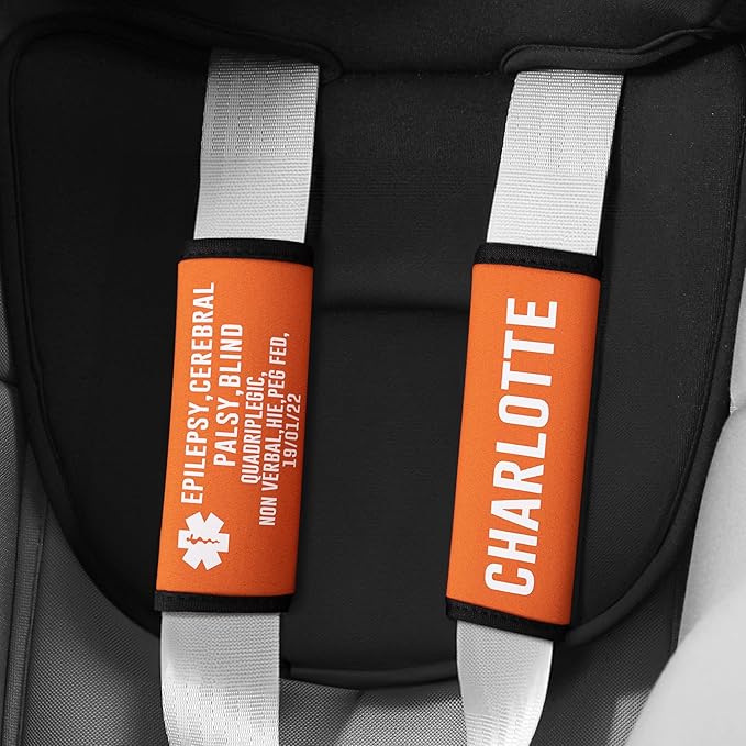 callie Medical ID on Seatbelt Covers -Autism Seatbelt Cover for Kid in Car Seats, Custom Set of 2 Multicolor Emergency Alert Carseat Straps with Name and Text Set, Gift for Allergy Autism Kids Family