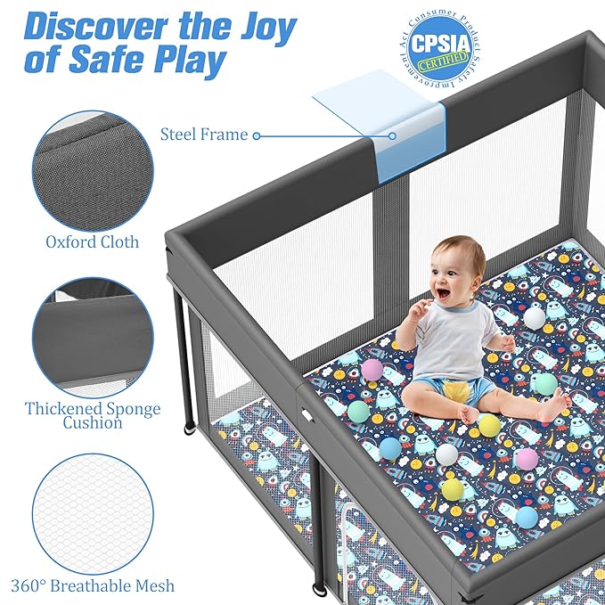 Foldable Baby Playpen, 50"×50" Play Yard Playpen for Babies and Toddlers 1-3, Portable Playpen with Mat, Play Fence Gate Corrales para Bebes