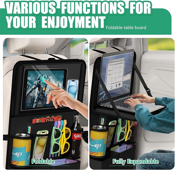 Car Backseat Organizer with Tablet Holder,11 Storage Pockets with Foldable Food Tray, Protector Kick Mats for Kids, Travel Accessories Organizer (Black, 2Pack)