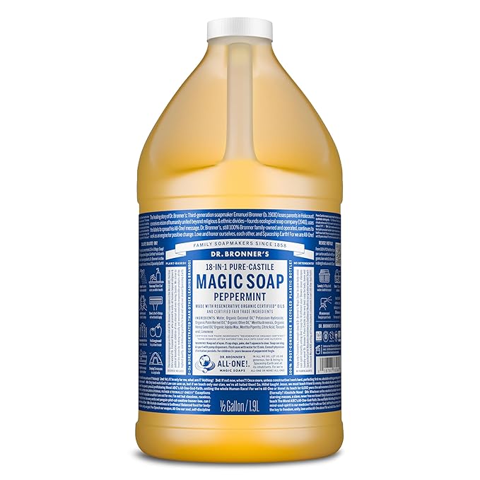 Dr. Broner’s- Pure-Castile Magic Liquid Soap (Peppermint 64,oz)- Made with Regenerative Organic Certified Oils- For Hand, Body, Face, Laundry, Pets & Dishes- Concentrated, Vegan, Non-GMO