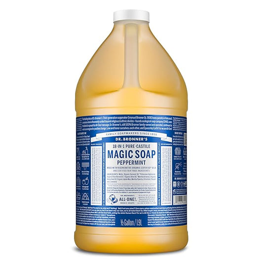 Dr. Broner’s- Pure-Castile Magic Liquid Soap (Peppermint 64,oz)- Made with Regenerative Organic Certified Oils- For Hand, Body, Face, Laundry, Pets & Dishes- Concentrated, Vegan, Non-GMO