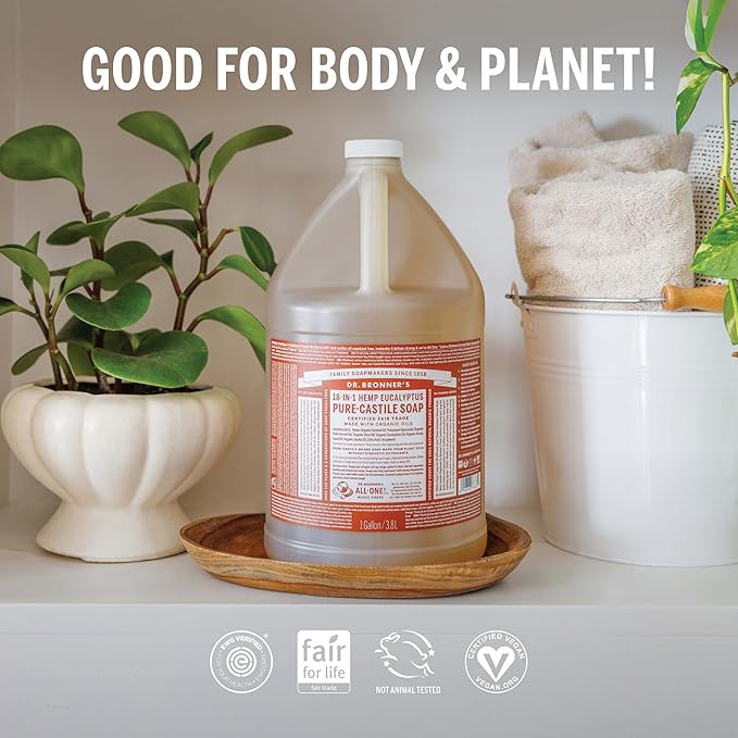 Dr. Bronner's Pure-Castile Magic Soap Liquid (Eucalyptus, 1 Gallon) - Made with Regenerative Organic Certified Oils, 18-in-1 Uses: Face, Body, Hair, Laundry, Pets and Dishes, Concentrated, Vegan