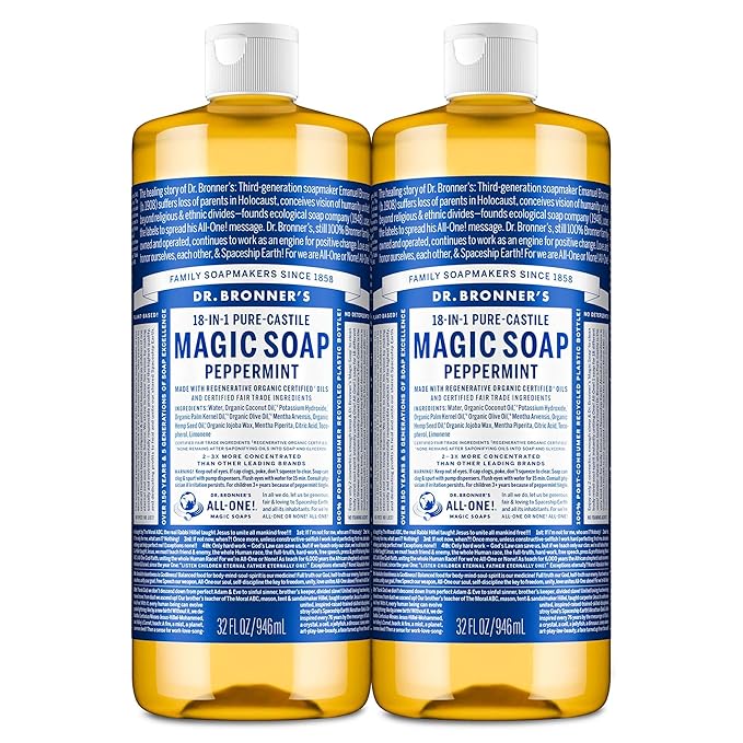 Dr. Bronner's Pure-Castile Magic Liquid Soap- Made with Regenerative Organic Oils- For Body, Face, Hair, Dishes, Pets, Laundry Natural, Vegan, Non-GMO - Peppermint, 32 oz (2-Pack)
