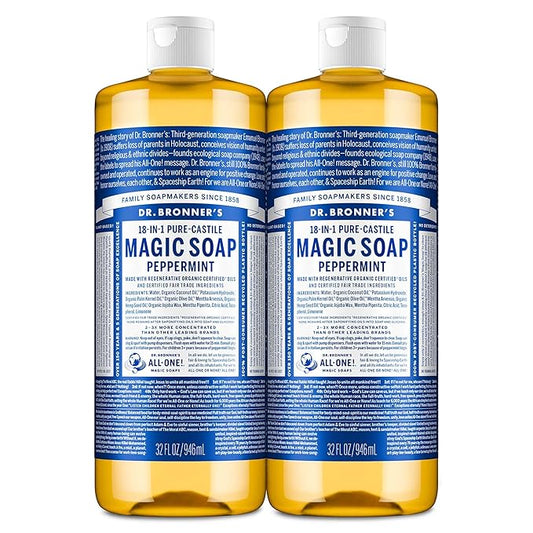 Dr. Bronner's Pure-Castile Magic Liquid Soap- Made with Regenerative Organic Oils- For Body, Face, Hair, Dishes, Pets, Laundry Natural, Vegan, Non-GMO - Peppermint, 32 oz (2-Pack)