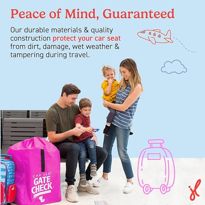 J.L. Childress Gate Check Travel Bag for Car Seats - Car Seat Travel Bag for Airplane, Includes AIRTAG Holder, Fits All Baby Car Infant Carriers & Child Booster Seats - Neon Pink