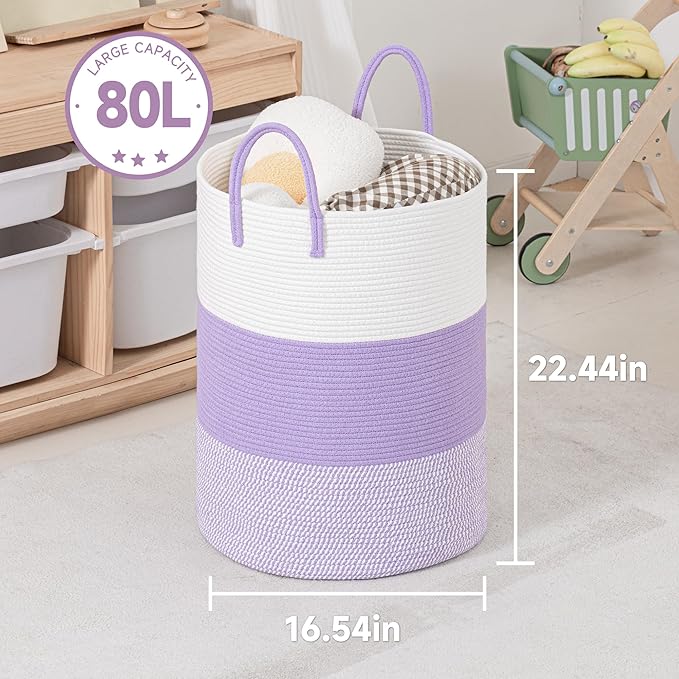 CLHMILY&Z 80L Laundry Basket Round Storage Rope Basket - 16.5x22.5 Inches - Lavender Hamper in Bedreoom and Cute Storage Bin for Blankets, Toys, and Nursery Essentials